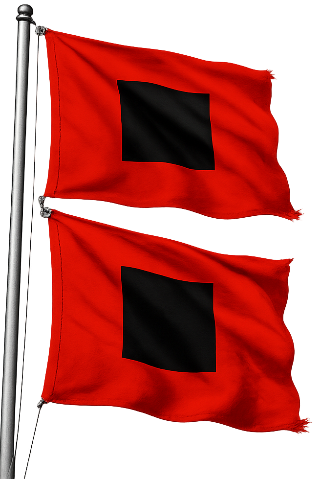 Two red hurricane warning flags blowing in strong wind
